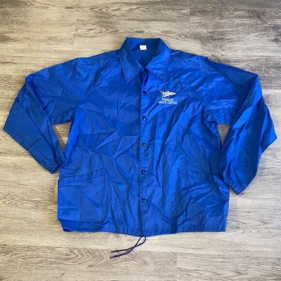 Vintage Kennedy Space Center Blue Windbreaker Snap Up Embroidered Large USA - Picture 1 of 4